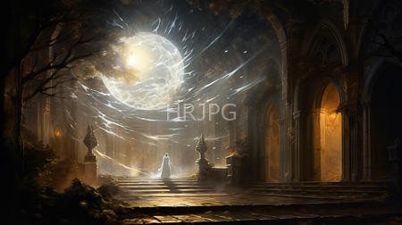 High Resolution: Ethereal cloaked figure standing on stone steps in front of grand Gothic arches under radiant moonlight with swirling white energy patterns download. | HRJPG.com
