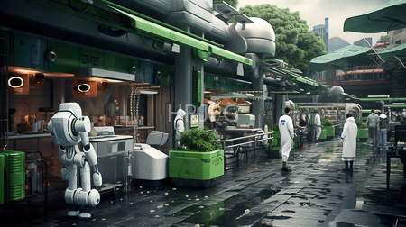 High Resolution: Outdoor futuristic market on a rainy day with wet pavement reflecting light from overhead green and white structures and robot-like figures standing near stalls download. | HRJPG.com