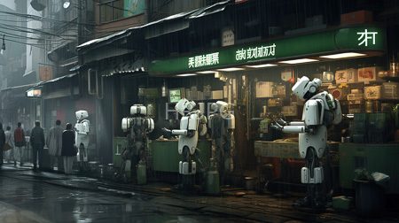 High Resolution: Atmospheric rainy night scene in an East Asian urban setting with four white humanoid robots standing outside traditional food stalls with neon signs download. | HRJPG.com