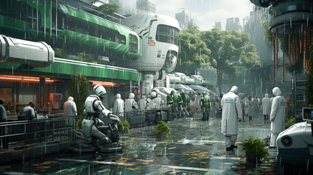 High Resolution: Urban futuristic cityscape on rainy days with green and white high-tech tram cars and robot-like figures in sleek silver-white suits walking among them download. | HRJPG.com