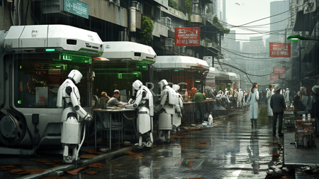 High Resolution: Urban street scene with rain-soaked pavement featuring futuristic white humanoid robots seated at outdoor tables beside high-tech buses download. | HRJPG.com
