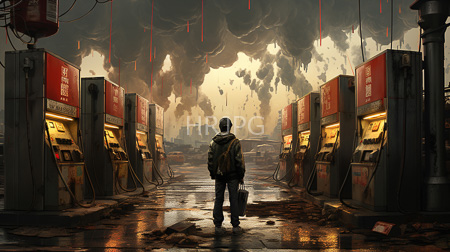 High Resolution: Apocalyptic gas station scene with dark smoky clouds overhead and red-lit pumps a central figure stands facing away in worn clothing and a hooded jacket download. | HRJPG.com