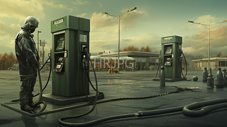 High Resolution: Eerie deserted gas station with two green fuel pumps under overcast skies a helmeted figure wearing dark protective gear stands at the leftmost pump download. | HRJPG.com