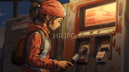 High Resolution: Asian woman with brown hair wearing a red helmet and jacket is using her card at a weathered ATM under dim blue light download. | HRJPG.com