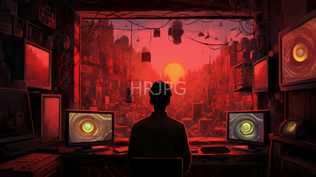 High Resolution: Anonymous male figure seated in front of three computer monitors displaying swirling red and yellow eyes' patterns facing a futuristic cityscape at sunset download. | HRJPG.com