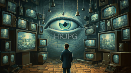 High Resolution: Eerie room filled with vintage boxy televisions displaying static a massive stone wall features one large blue-green eye staring forward download. | HRJPG.com