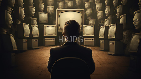High Resolution: Man in a dark suit seen from behind sits facing rows and columns of vintage CRT televisions with glowing screens adorned with numerous ghost-like faces download. | HRJPG.com