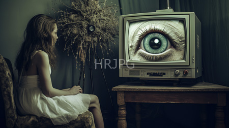 High Resolution: Young woman with long brown hair wearing a white sleeveless dress sits on an ornate chair facing a vintage TV displaying a large green eye download. | HRJPG.com