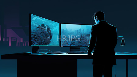 High Resolution: Man in dark business attire viewed from behind stands at an illuminated desk with two computer monitors displaying futuristic cityscapes download. | HRJPG.com