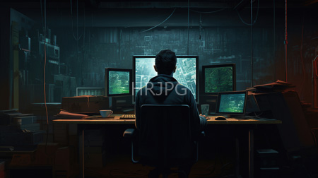 High Resolution: Anonymous male viewed from behind in dark clothing and a hooded sweatshirt seated at a cluttered desk with three computer monitors displaying code download. | HRJPG.com