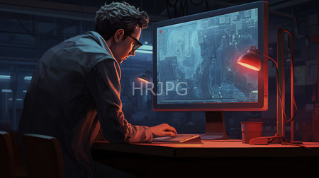 High Resolution: Intense dim-lit workspace features a young man with curly brown hair and glasses focused on his computer screen displaying complex technical data download. | HRJPG.com
