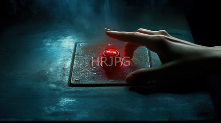 High Resolution: Two pale hands gently touching an illuminated red button on a metallic textured surface with blue lighting and subtle smoke effects download. | HRJPG.com