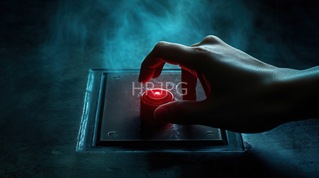 High Resolution: Illuminated red button being pressed by a hand with light skin set against a dark blue misty background and mounted on a metallic square plate download. | HRJPG.com