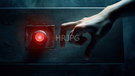High Resolution: Illuminated red button on a metallic textured panel with dim lighting a right hand's index finger points at it from the upper-right corner download. | HRJPG.com