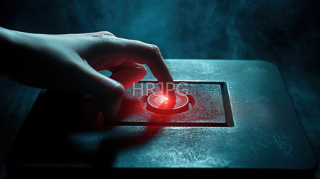 High Resolution: Illuminated rectangular button with red light on a dark textured surface a left hand's index finger touches it against a smoky blue background download. | HRJPG.com