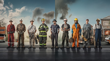 High Resolution: Ten male firefighters standing in front wearing various uniforms and helmets with clear sky and smoke plumes on the left side download. | HRJPG.com