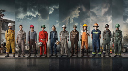 High Resolution: Ten male construction workers standing in front of an industrial background wearing various colored overalls and hard hats and holding tools download. | HRJPG.com