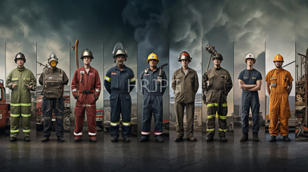 High Resolution: Nine male firefighters standing in front wearing various uniforms and helmets with colors including green red blue and yellow-orange download. | HRJPG.com