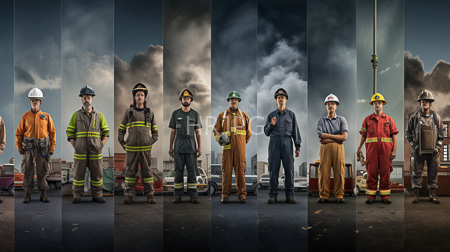 High Resolution: Ten male firefighters standing in front of dramatic cloud-filled skies wearing different uniforms and holding various firefighting gear download. | HRJPG.com