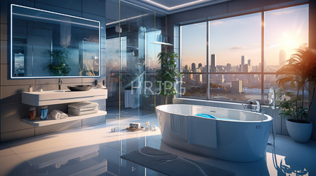 High Resolution: Modern luxurious bathroom with a large window showing a city skyline at sunset a glass shower enclosure and a freestanding white bathtub download. | HRJPG.com