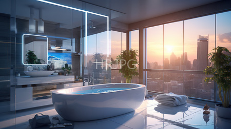 High Resolution: Modern luxurious bathroom with floor-to-ceiling windows showcasing sunset over a city skyline a white oval bathtub and neatly folded towels download. | HRJPG.com