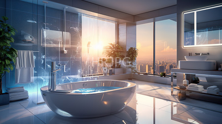 High Resolution: Elegant modern bathroom at sunset with floor-to-ceiling windows showcasing cityscape views a white oval bathtub and a sleek chrome faucet download. | HRJPG.com