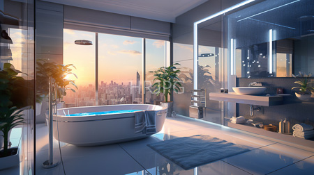 High Resolution: Modern luxurious bathroom at sunset with large floor-to-ceiling windows showcasing a city skyline and an orange-pink sky a white freestanding bathtub download. | HRJPG.com