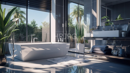 High Resolution: Modern bathroom with large glass windows showcasing palm trees a white rectangular bathtub and a sleek gray sink countertop download. | HRJPG.com