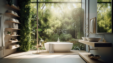 High Resolution: Elegant modern bathroom with floor-to-ceiling glass doors opening to lush greenery outside a white freestanding bathtub and wooden shelves holding towels download. | HRJPG.com