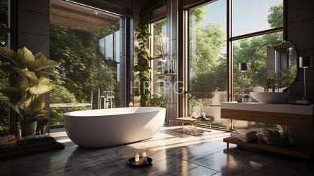 High Resolution: Modern sunlit bathroom with large floor-to-ceiling windows showcasing lush greenery outside a white oval bathtub and wooden shelf holding glassware download. | HRJPG.com