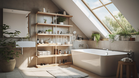 High Resolution: Modern sunlit bathroom with a slanted skylight window a white rectangular bathtub under wooden shelves holding potted plants download. | HRJPG.com