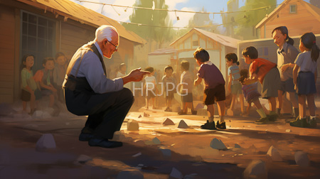 High Resolution: Elderly man with white hair and glasses wearing suspenders squats to teach children in front of rustic buildings under warm sunlight download. | HRJPG.com