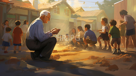 High Resolution: Elderly Asian man with white hair and glasses squats on a sunlit street repairing holes in the pavement surrounded by children watching attentively download. | HRJPG.com