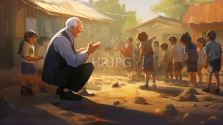 High Resolution: Elderly man with white hair and glasses wearing black pants and a vest squats in sunlight holding rocks towards children gathered around him download. | HRJPG.com
