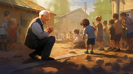 High Resolution: Elderly man with white hair and glasses squats on a sunlit dirt street amidst children in school uniforms watching him intently download. | HRJPG.com