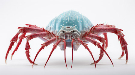 High Resolution: Photorealistic alien spider-like creature with a blue spiky spherical body and eight red legs featuring white claws against a stark-white background download. | HRJPG.com