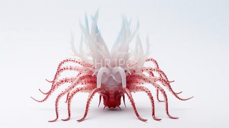 High Resolution: Ethereal fantasy spider-like creature with translucent white and pinkish-red body segments adorned in delicate spikes resembling feathers or coral download. | HRJPG.com