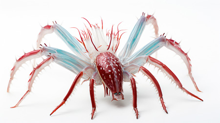 High Resolution: Photorealistic alien spider-like creature with eight long segmented legs featuring sharp red and white spines and a dark reddish-brown body download. | HRJPG.com