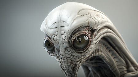 High Resolution: Photorealistic alien head with pale wrinkled skin and large green eyes set in deep sockets and an elongated face against a gradient gray background download. | HRJPG.com