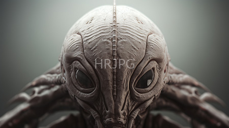 High Resolution: Photorealistic alien head centered in frame with detailed textures and wrinkles on its grayish-brown skin and large black eyes download. | HRJPG.com