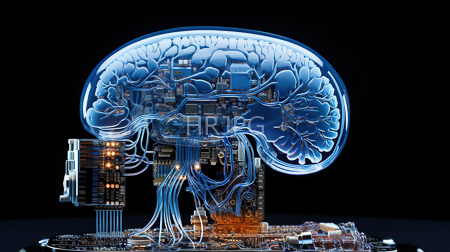 High Resolution: Intricate futuristic human brain merged with electronic circuitry and wiring against a black background with translucent blue neural pathways download. | HRJPG.com