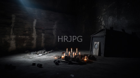 High Resolution: Dim stone-walled crypt with scattered rocks and candles illuminating surroundings with lit white taper candles near small black coffins download. | HRJPG.com