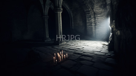High Resolution: Ancient dim stone crypt with arched columns and a cobblestone floor illuminated by soft light and a small cluster of lit candles download. | HRJPG.com