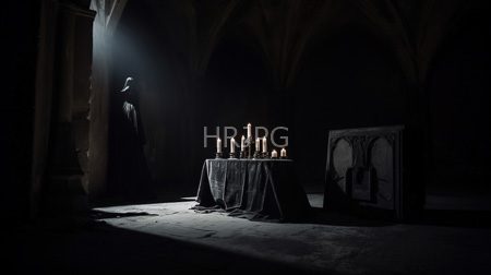 High Resolution: Eerie dim-lit Gothic cathedral interior with arched ceilings a round table draped in dark fabric holding lit candles and a hooded figure download. | HRJPG.com