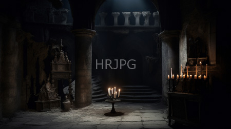 High Resolution: Ancient dim-lit stone cathedral interior with arched columns a central candle stand holds lit candles casting soft light on cracked floor tiles download. | HRJPG.com