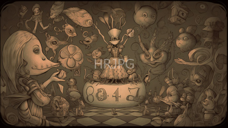 High Resolution: Sepia-toned drawing features an eerie whimsical scene with anthropomorphic creatures and surreal objects surrounding a central figure on a pedestal download. | HRJPG.com