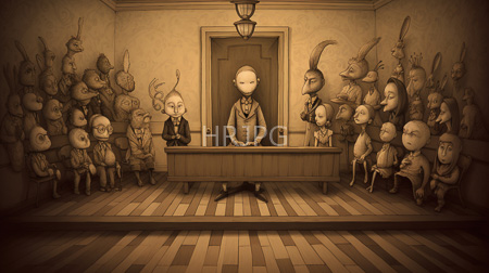 High Resolution: Sepia-toned drawing of an anthropomorphic courtroom scene featuring numerous small creatures with varied head shapes seated in two rows download. | HRJPG.com