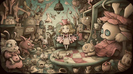 High Resolution: Whimsical surreal drawing depicts a young girl sitting on a round table amidst stuffed animals teapots and clockwork mechanisms download. | HRJPG.com
