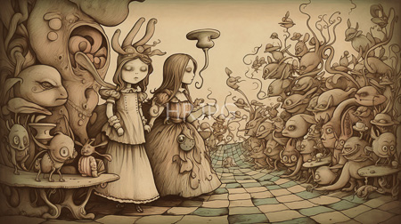 High Resolution: Sepia-toned drawing depicts two eerie doll-like girls with blank expressions standing on checkered tiles amidst a forest of grotesque creatures download. | HRJPG.com