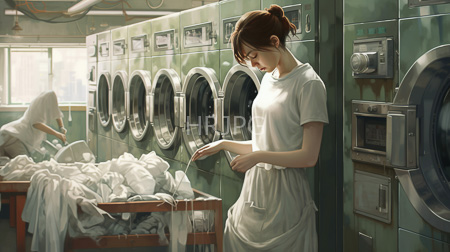 High Resolution: Asian woman with fair skin and brown hair in a bun wearing a white dress stands beside industrial laundry machines filled with clothes download. | HRJPG.com